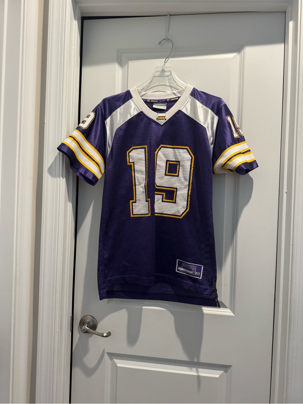 Colosseum Purple White & Yellow Kids Football Jersey #19 size medium 12-14